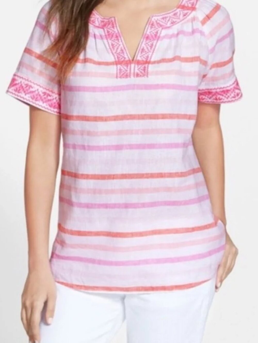 Vineyard Vines Pink & Orange Striped Embroidered Top